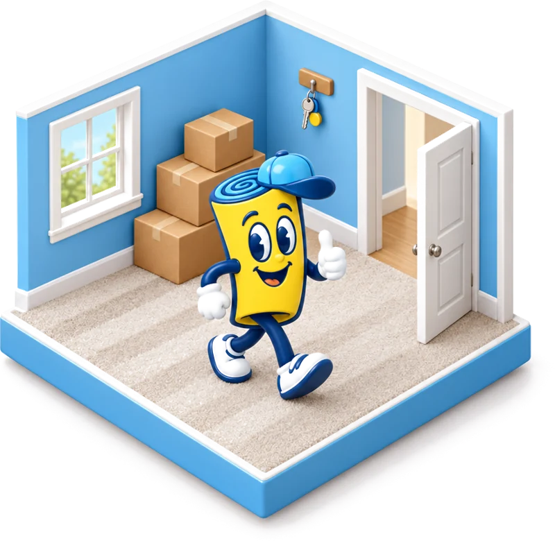 The mascot giving a thumbs up in an empty, freshly cleaned rental room